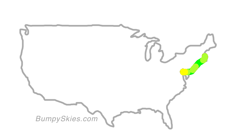 Map of continental US with illustrated flight path and turbulence forecast (described in text below)