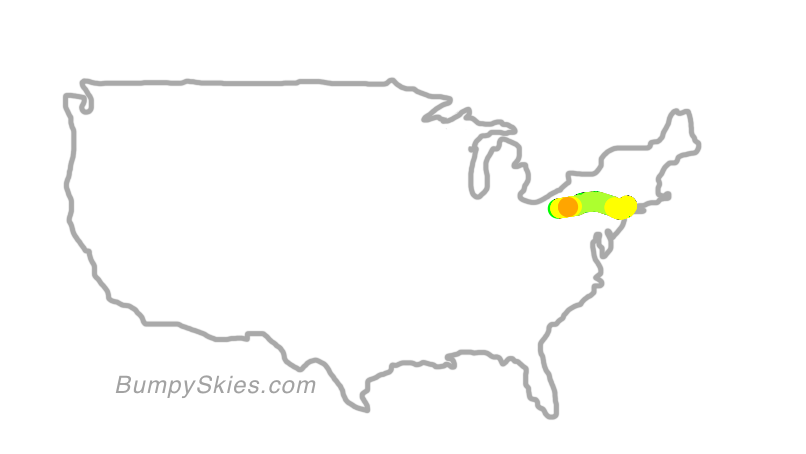 Map of continental US with illustrated flight path and turbulence forecast (described in text below)