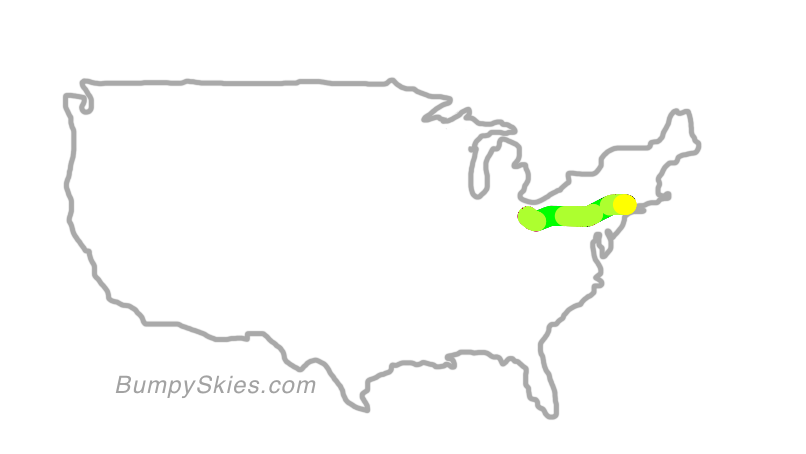 Map of continental US with illustrated flight path and turbulence forecast (described in text below)