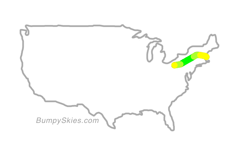 Map of continental US with illustrated flight path and turbulence forecast (described in text below)