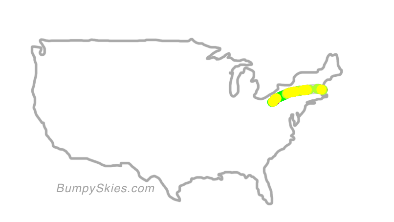 Map of continental US with illustrated flight path and turbulence forecast (described in text below)