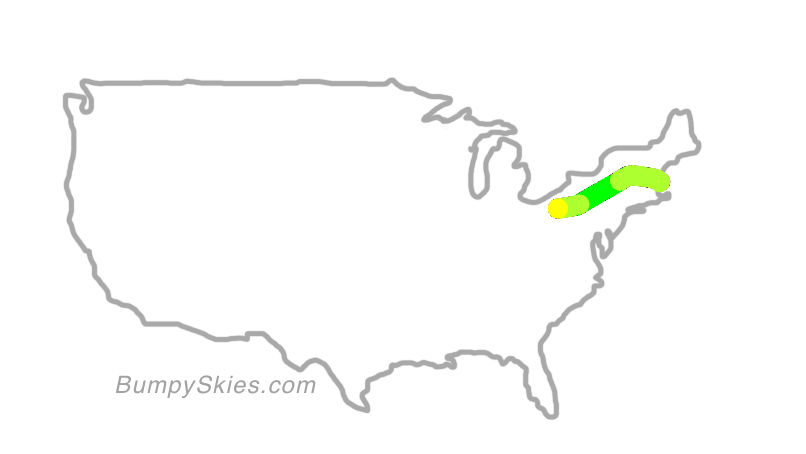 Map of continental US with illustrated flight path and turbulence forecast (described in text below)
