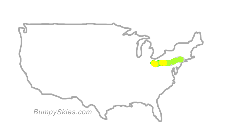 Map of continental US with illustrated flight path and turbulence forecast (described in text below)