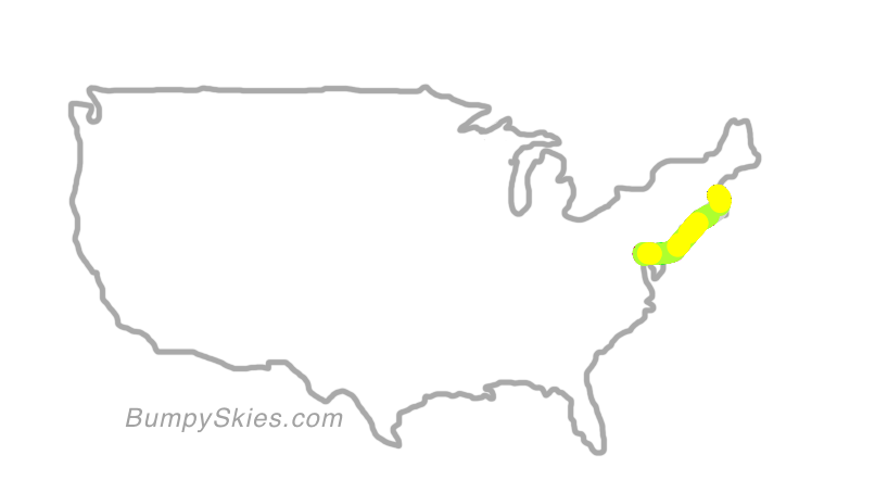 Map of continental US with illustrated flight path and turbulence forecast (described in text below)