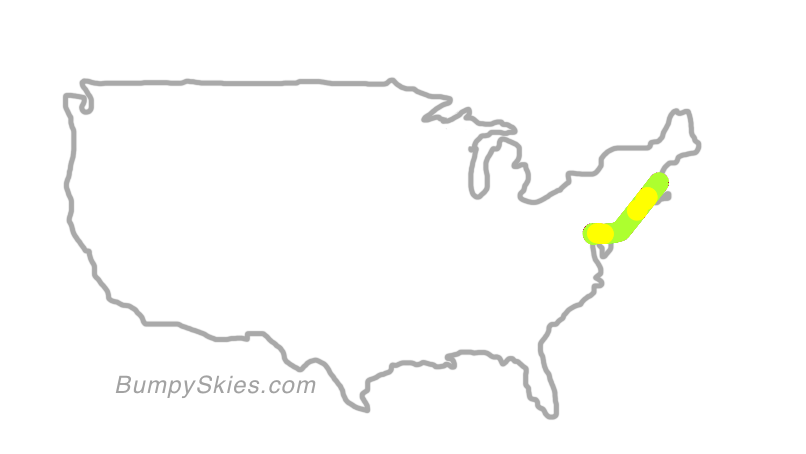 Map of continental US with illustrated flight path and turbulence forecast (described in text below)