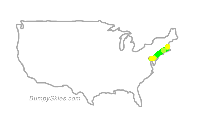 Map of continental US with illustrated flight path and turbulence forecast (described in text below)