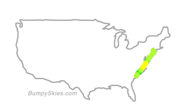 Map of continental US with illustrated flight path and turbulence forecast (described in text below)