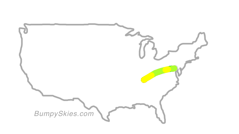 Map of continental US with illustrated flight path and turbulence forecast (described in text below)