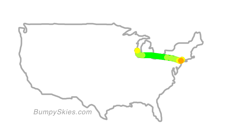 Map of continental US with illustrated flight path and turbulence forecast (described in text below)