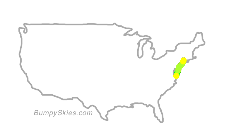 Map of continental US with illustrated flight path and turbulence forecast (described in text below)