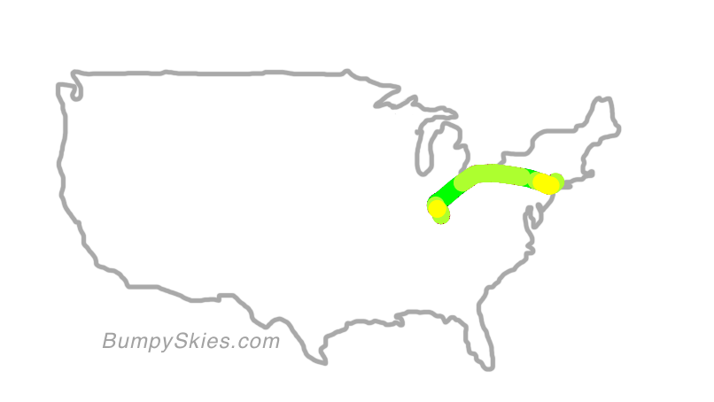 Map of continental US with illustrated flight path and turbulence forecast (described in text below)