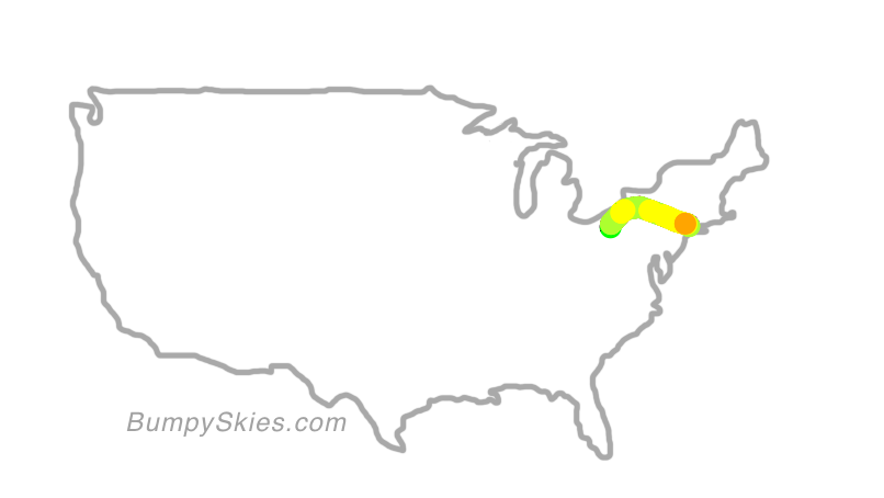 Map of continental US with illustrated flight path and turbulence forecast (described in text below)