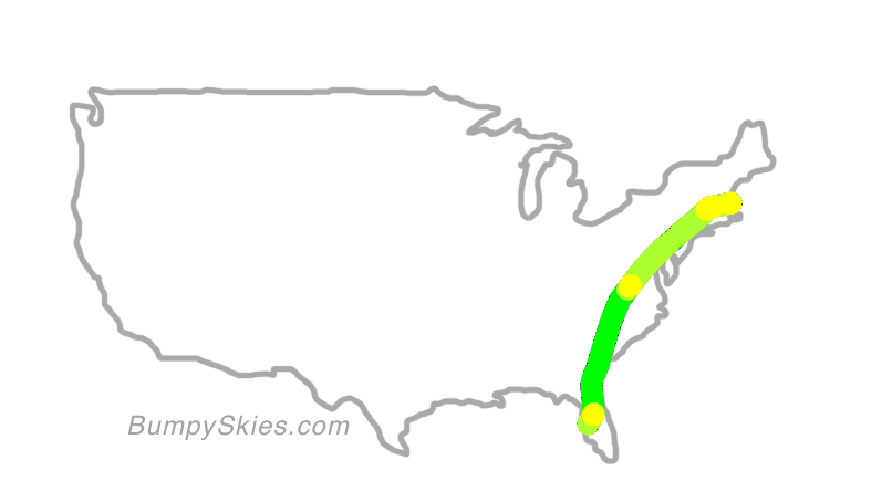 Map of continental US with illustrated flight path and turbulence forecast (described in text below)
