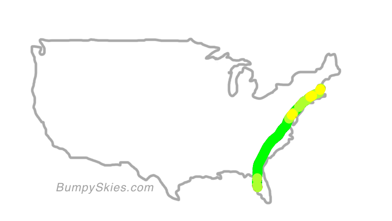 Map of continental US with illustrated flight path and turbulence forecast (described in text below)