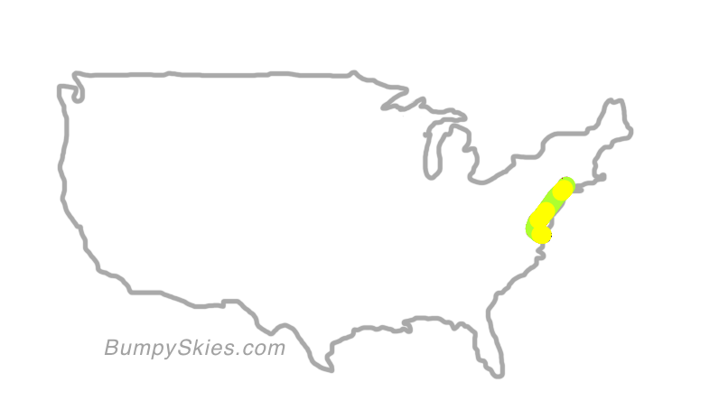 Map of continental US with illustrated flight path and turbulence forecast (described in text below)