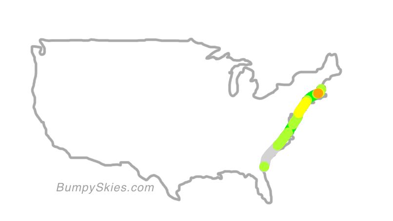 Map of continental US with illustrated flight path and turbulence forecast (described in text below)