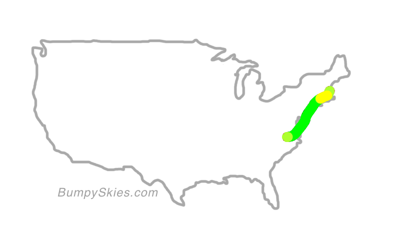 Map of continental US with illustrated flight path and turbulence forecast (described in text below)
