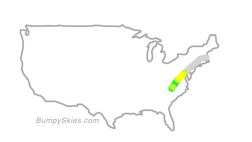 Map of continental US with illustrated flight path and turbulence forecast (described in text below)