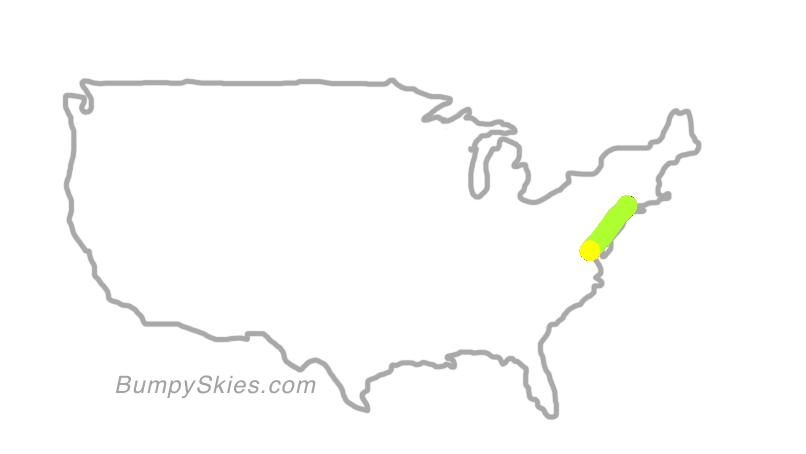 Map of continental US with illustrated flight path and turbulence forecast (described in text below)