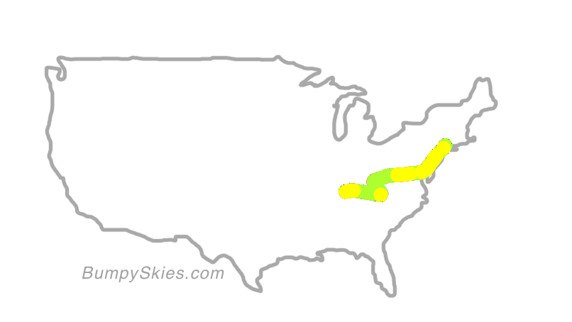 Map of continental US with illustrated flight path and turbulence forecast (described in text below)