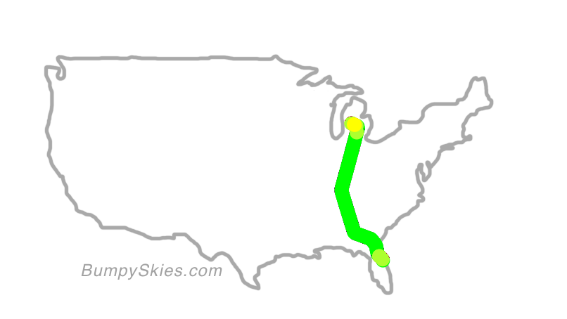 Map of continental US with illustrated flight path and turbulence forecast (described in text below)
