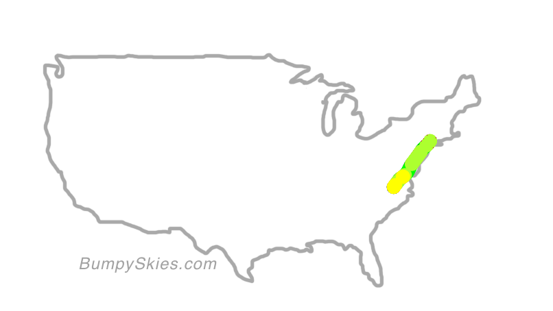 Map of continental US with illustrated flight path and turbulence forecast (described in text below)