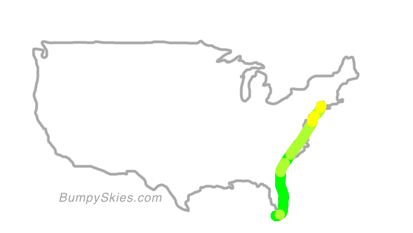 Map of continental US with illustrated flight path and turbulence forecast (described in text below)