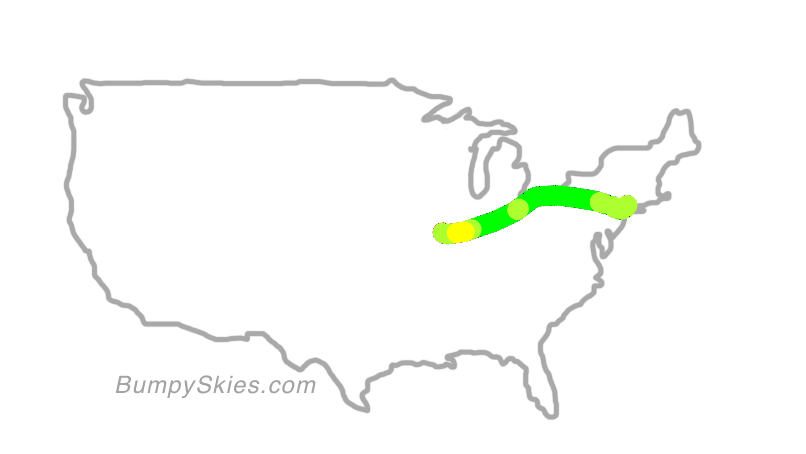 Map of continental US with illustrated flight path and turbulence forecast (described in text below)