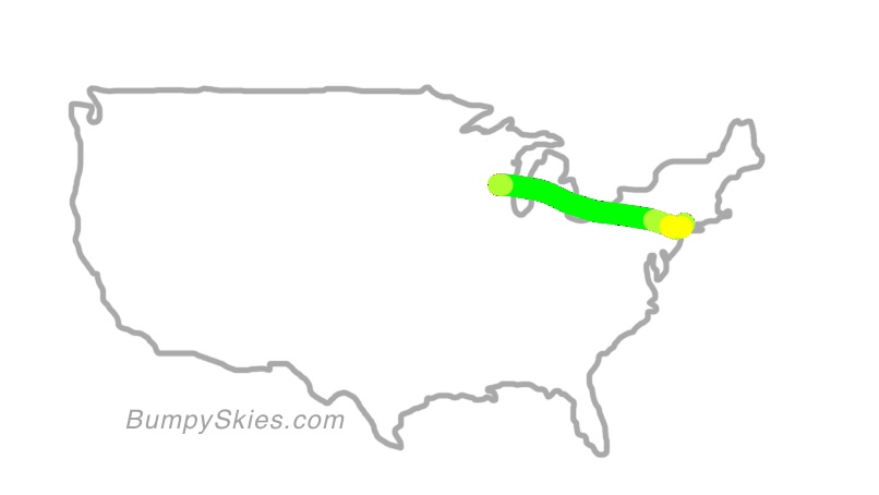 Map of continental US with illustrated flight path and turbulence forecast (described in text below)