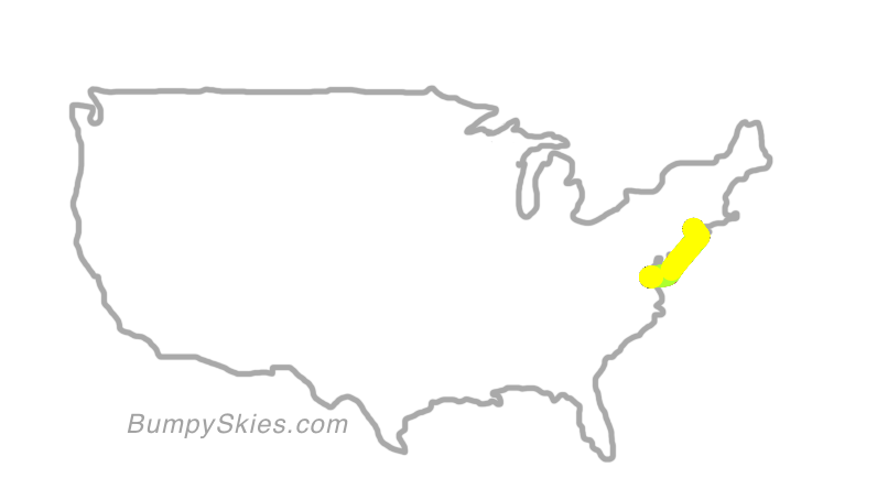 Map of continental US with illustrated flight path and turbulence forecast (described in text below)
