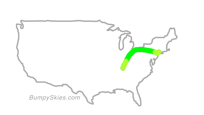 Map of continental US with illustrated flight path and turbulence forecast (described in text below)