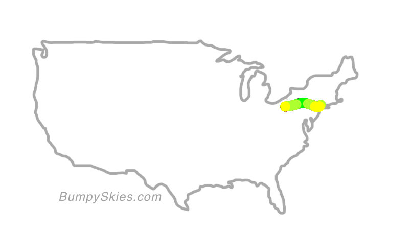 Map of continental US with illustrated flight path and turbulence forecast (described in text below)