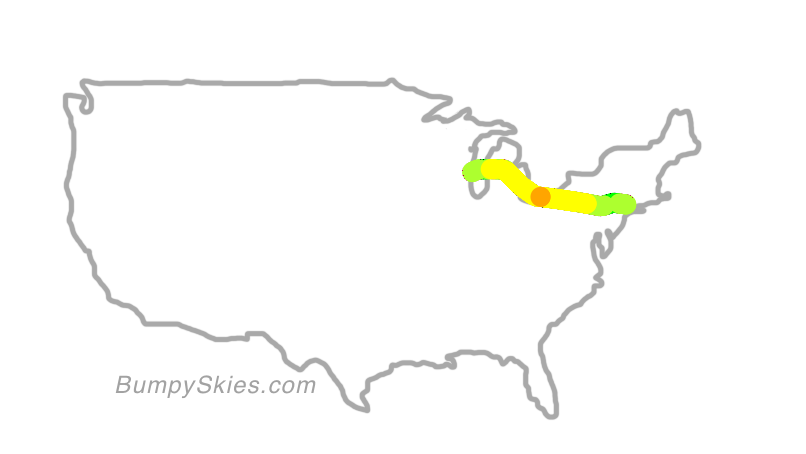 Map of continental US with illustrated flight path and turbulence forecast (described in text below)