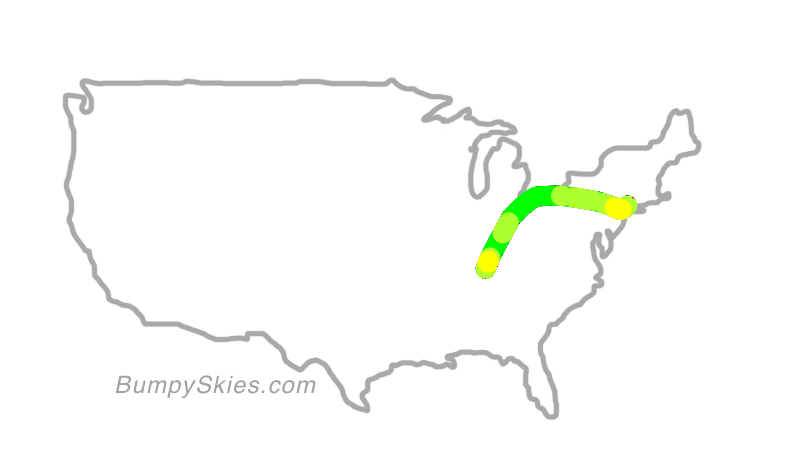 Map of continental US with illustrated flight path and turbulence forecast (described in text below)