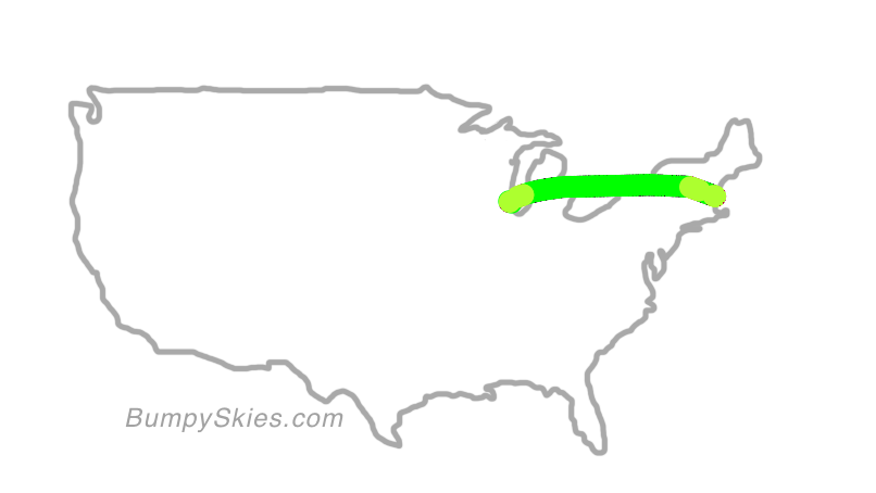 Map of continental US with illustrated flight path and turbulence forecast (described in text below)