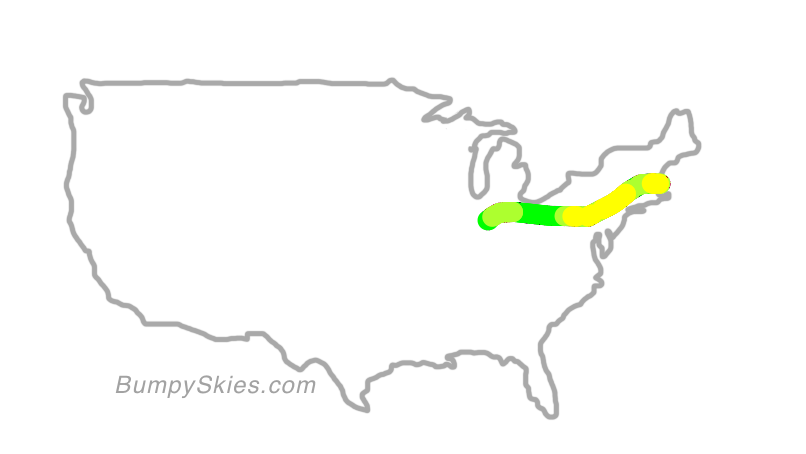 Map of continental US with illustrated flight path and turbulence forecast (described in text below)
