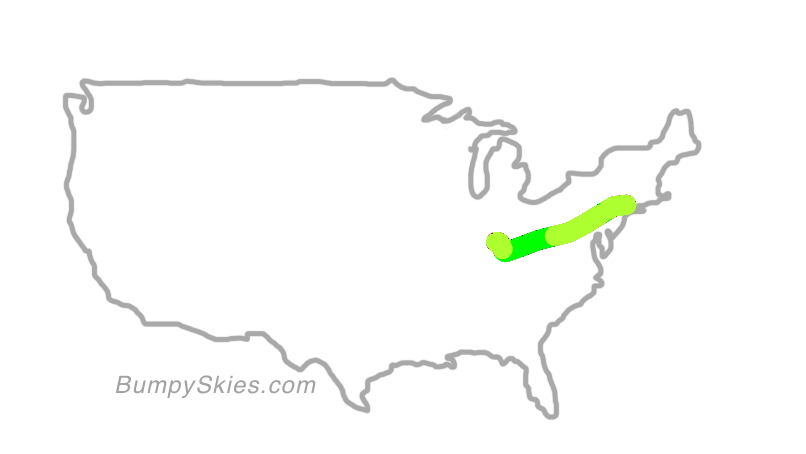 Map of continental US with illustrated flight path and turbulence forecast (described in text below)