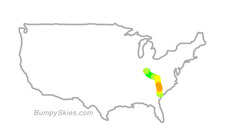 Map of continental US with illustrated flight path and turbulence forecast (described in text below)