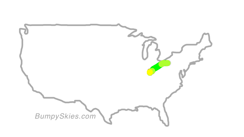 Map of continental US with illustrated flight path and turbulence forecast (described in text below)