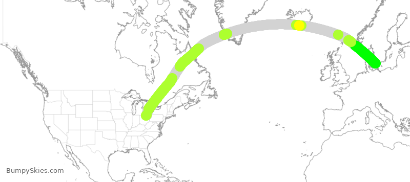 Turbulence forecast map for SAS9250, CLE to CPH