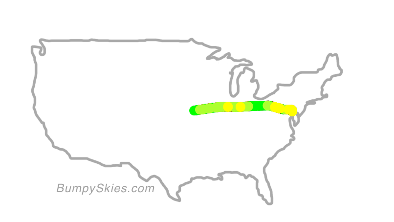 Map of continental US with illustrated flight path and turbulence forecast (described in text below)