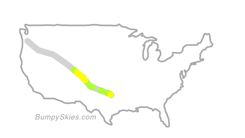 Map of continental US with illustrated flight path and turbulence forecast (described in text below)