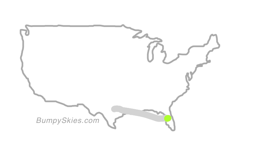 Map of continental US with illustrated flight path and turbulence forecast (described in text below)