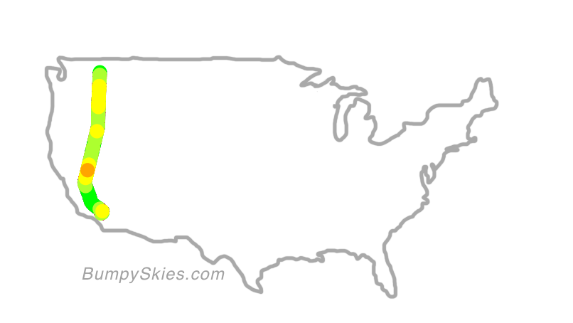 Map of continental US with illustrated flight path and turbulence forecast (described in text below)