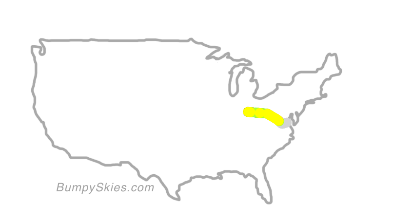 Map of continental US with illustrated flight path and turbulence forecast (described in text below)