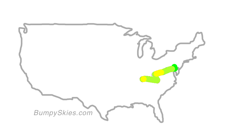 Map of continental US with illustrated flight path and turbulence forecast (described in text below)