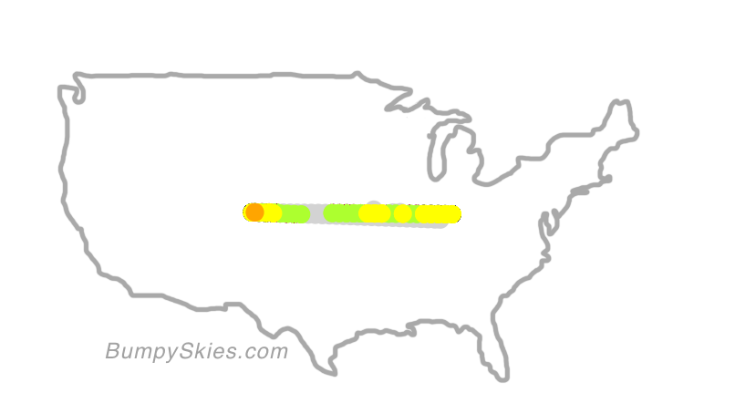 Map of continental US with illustrated flight path and turbulence forecast (described in text below)