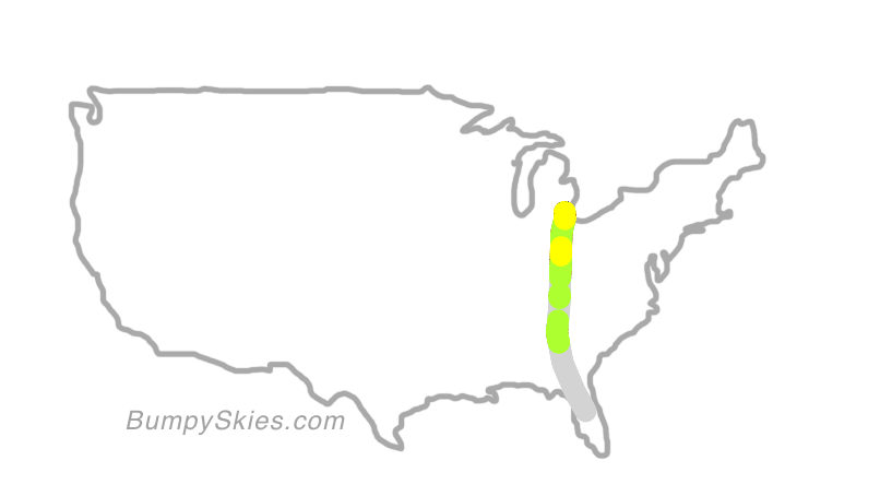 Map of continental US with illustrated flight path and turbulence forecast (described in text below)
