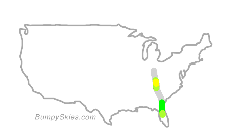 Map of continental US with illustrated flight path and turbulence forecast (described in text below)