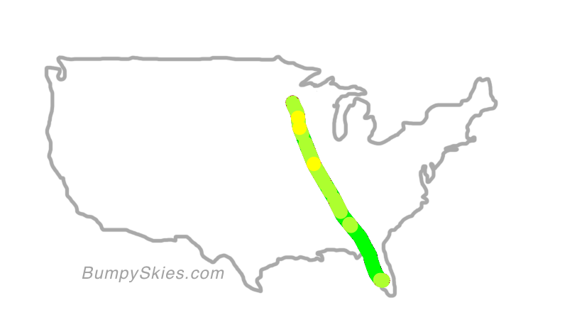 Map of continental US with illustrated flight path and turbulence forecast (described in text below)